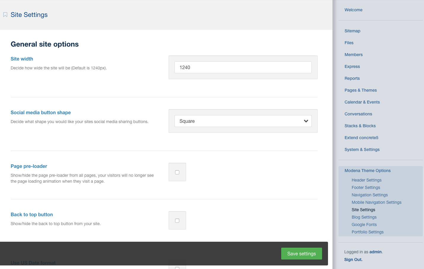 Settings page